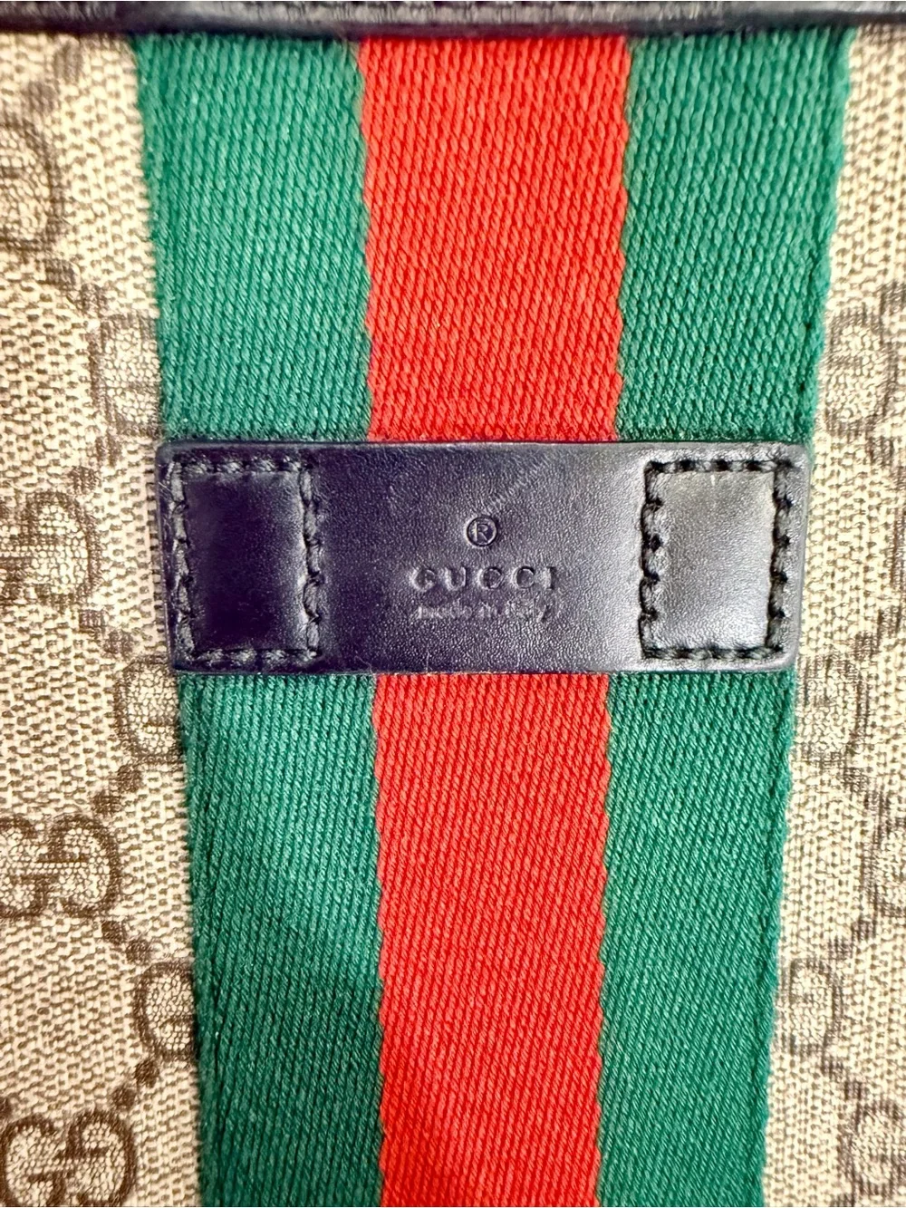 Gucci Beige GG Canvas Messenger Bag with Green and Red Web Stripe